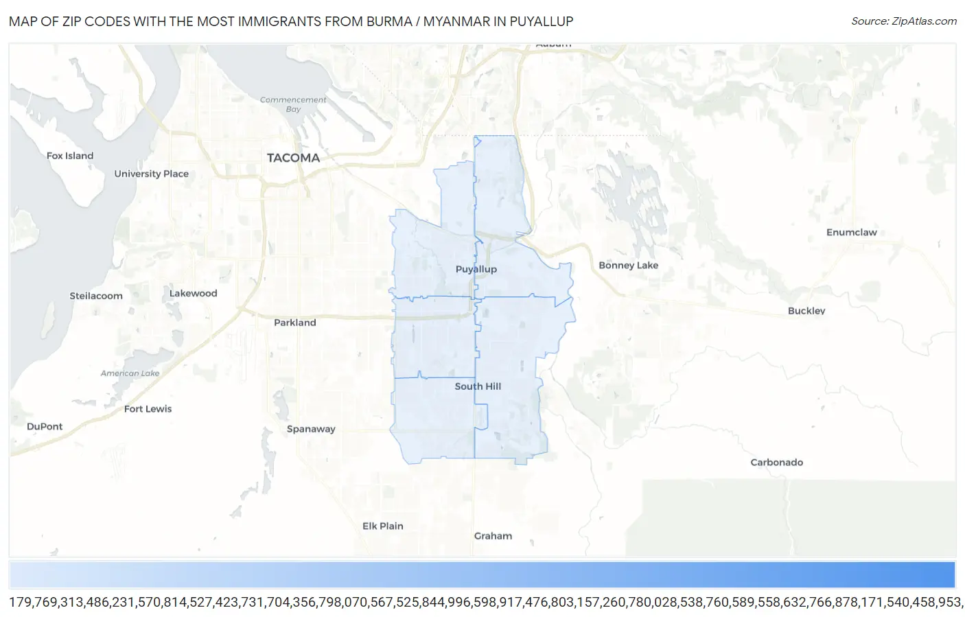 Zip Codes with the Most Immigrants from Burma / Myanmar in Puyallup Map
