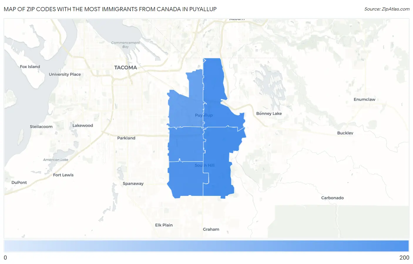 Zip Codes with the Most Immigrants from Canada in Puyallup Map