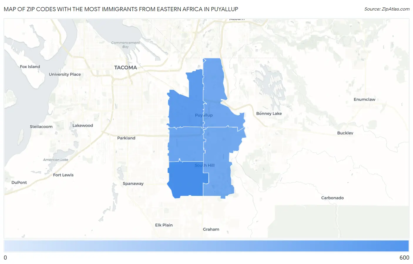Zip Codes with the Most Immigrants from Eastern Africa in Puyallup Map