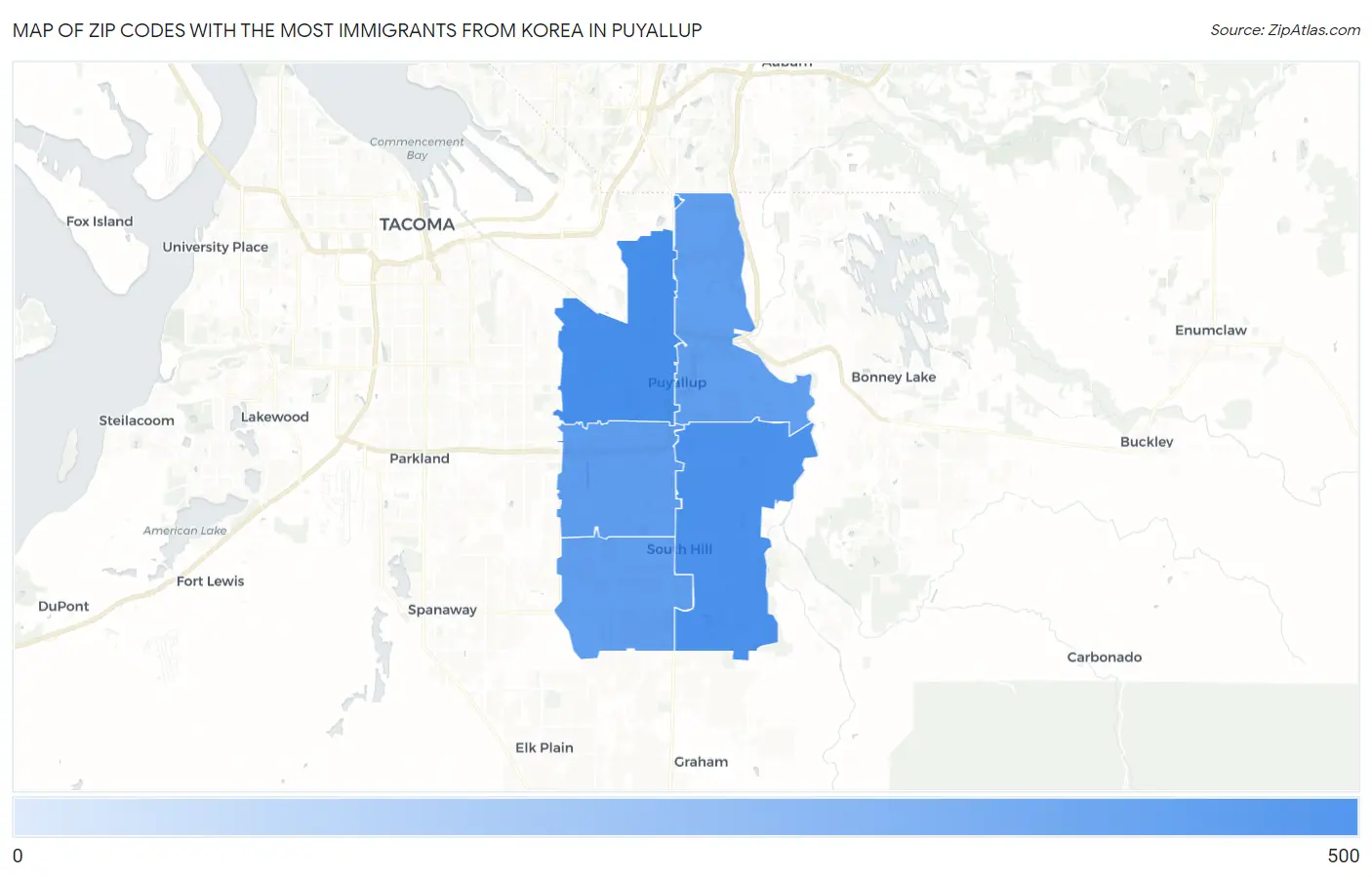 Zip Codes with the Most Immigrants from Korea in Puyallup Map