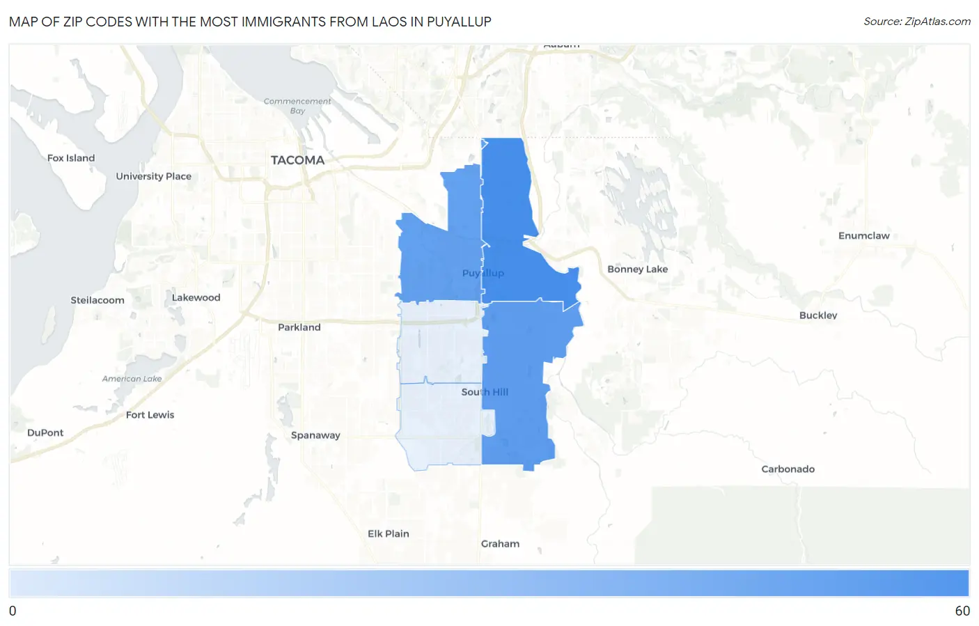 Zip Codes with the Most Immigrants from Laos in Puyallup Map
