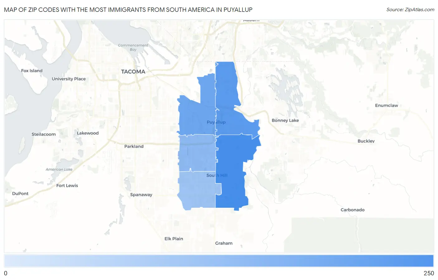 Zip Codes with the Most Immigrants from South America in Puyallup Map