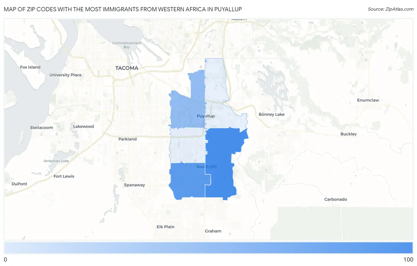 Zip Codes with the Most Immigrants from Western Africa in Puyallup Map