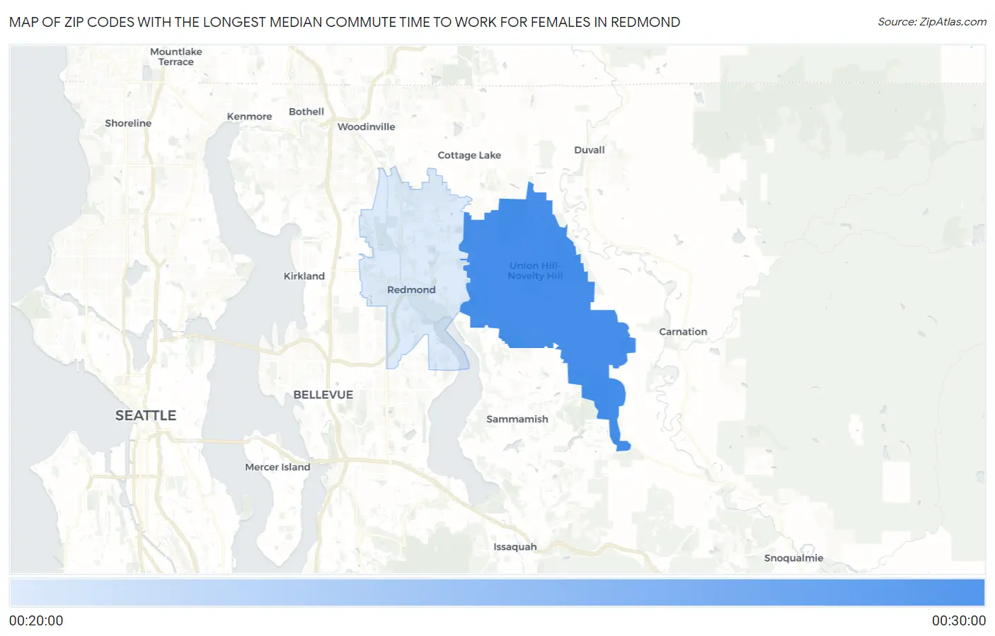 Zip Codes with the Longest Median Commute Time to Work for Females in Redmond Map