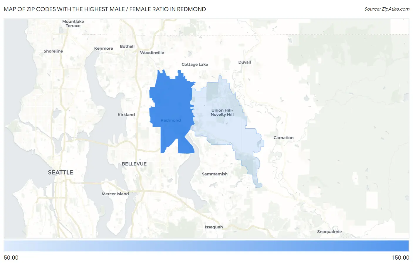 Zip Codes with the Highest Male / Female Ratio in Redmond Map