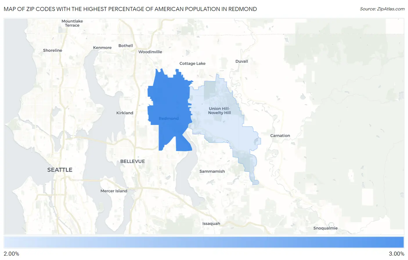 Zip Codes with the Highest Percentage of American Population in Redmond Map