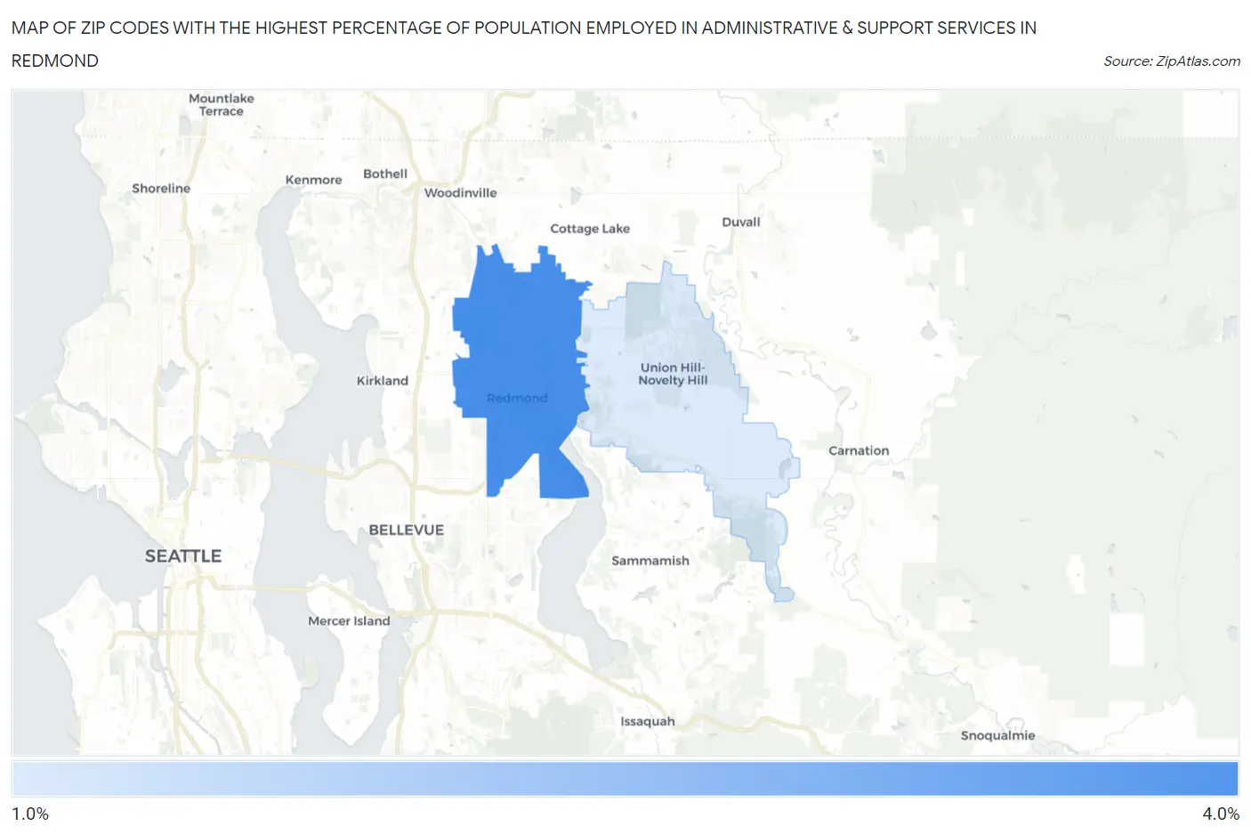 Zip Codes with the Highest Percentage of Population Employed in Administrative & Support Services in Redmond Map