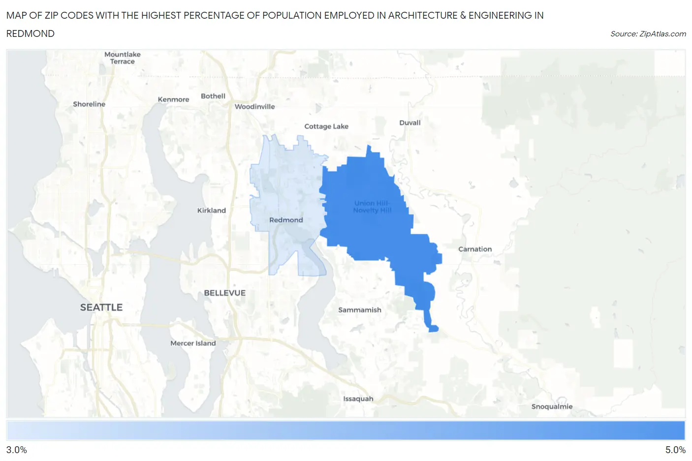 Zip Codes with the Highest Percentage of Population Employed in Architecture & Engineering in Redmond Map