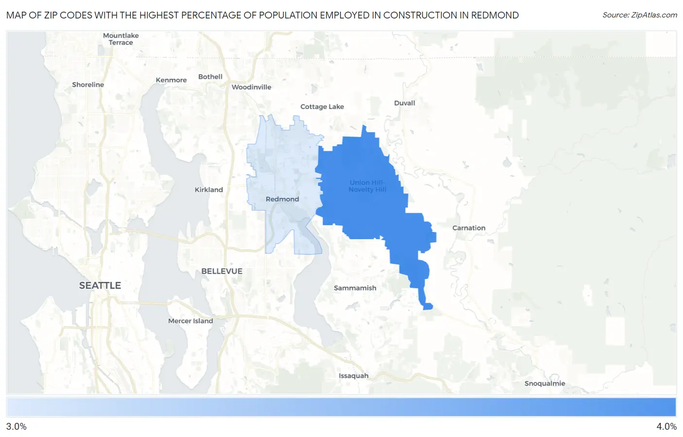 Zip Codes with the Highest Percentage of Population Employed in Construction in Redmond Map