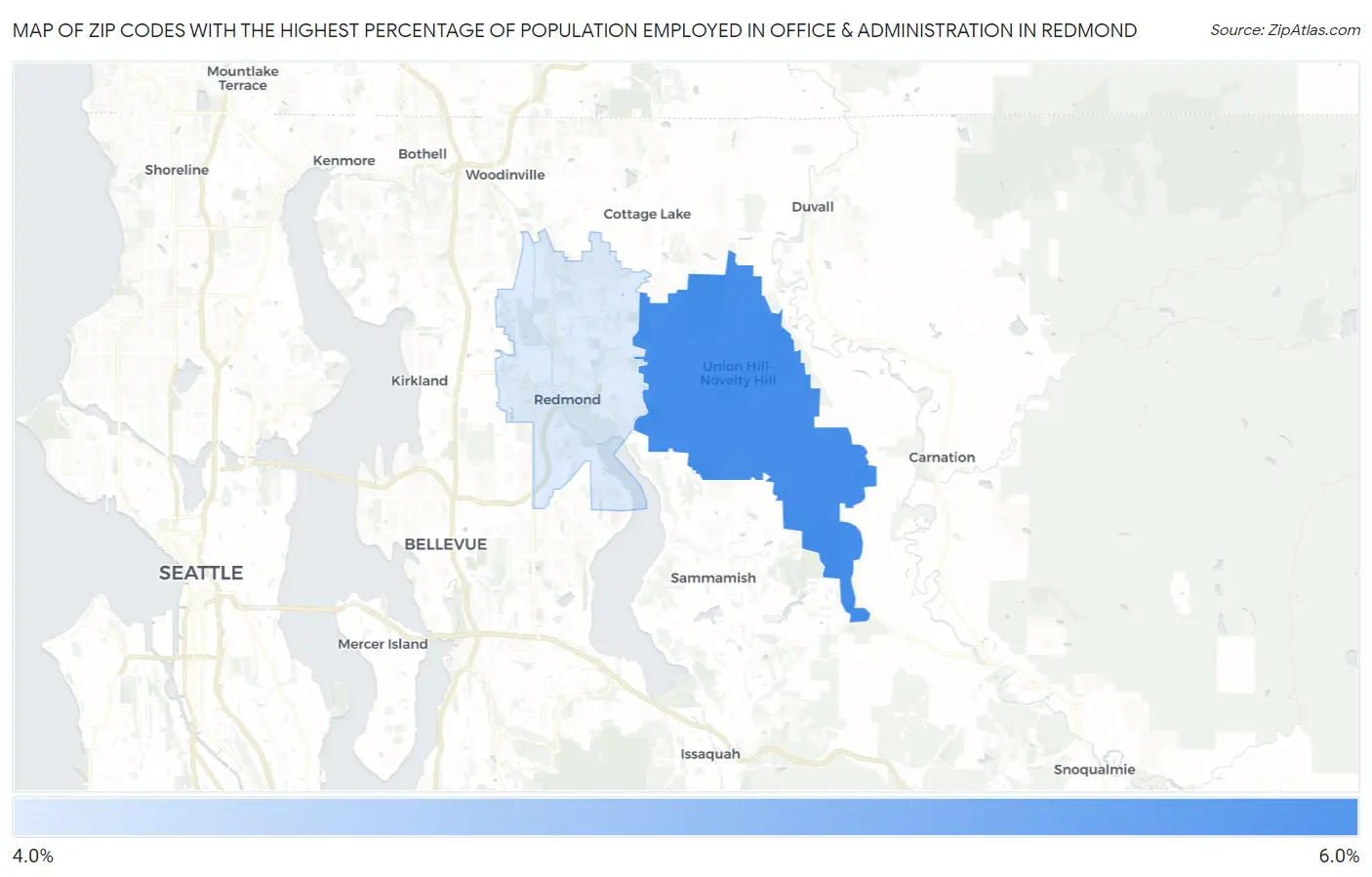 Zip Codes with the Highest Percentage of Population Employed in Office & Administration in Redmond Map