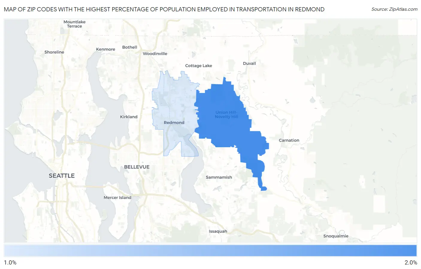 Zip Codes with the Highest Percentage of Population Employed in Transportation in Redmond Map