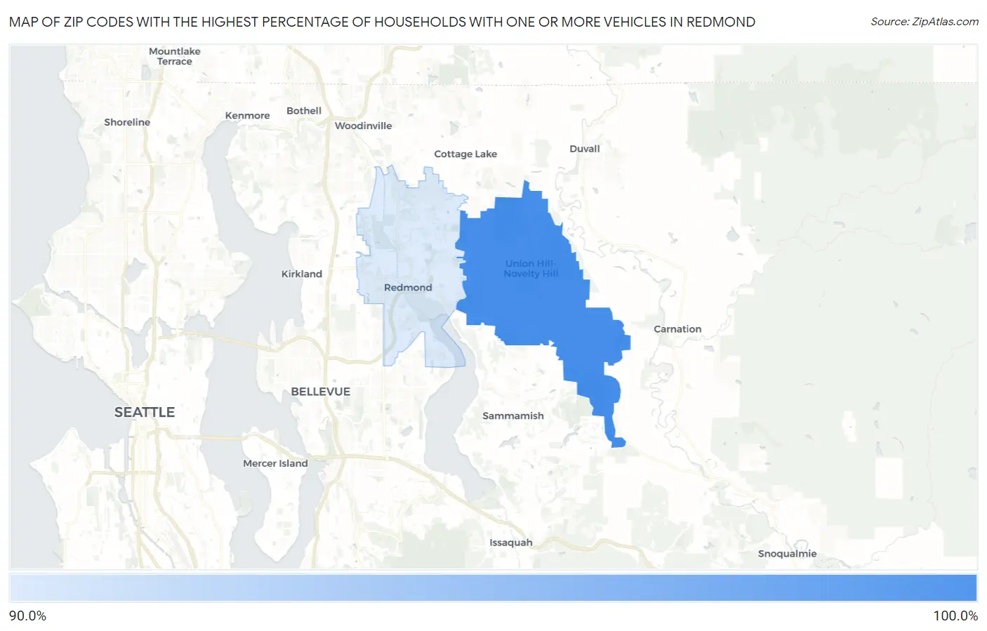 Zip Codes with the Highest Percentage of Households With One or more Vehicles in Redmond Map