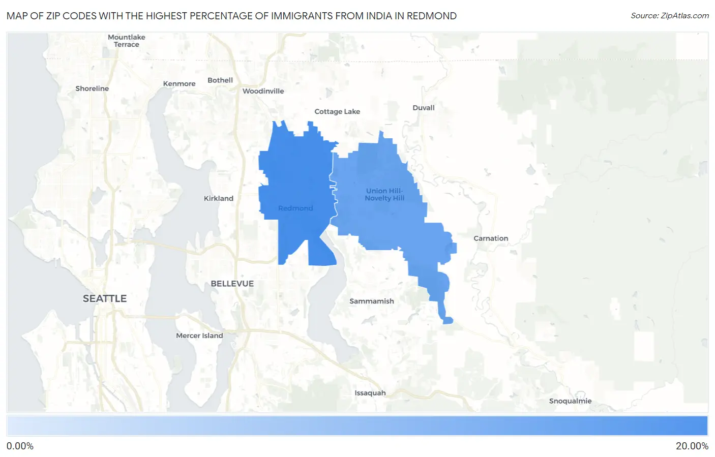 Zip Codes with the Highest Percentage of Immigrants from India in Redmond Map