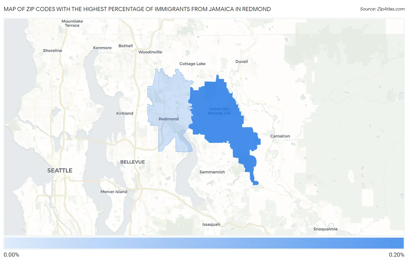 Zip Codes with the Highest Percentage of Immigrants from Jamaica in Redmond Map