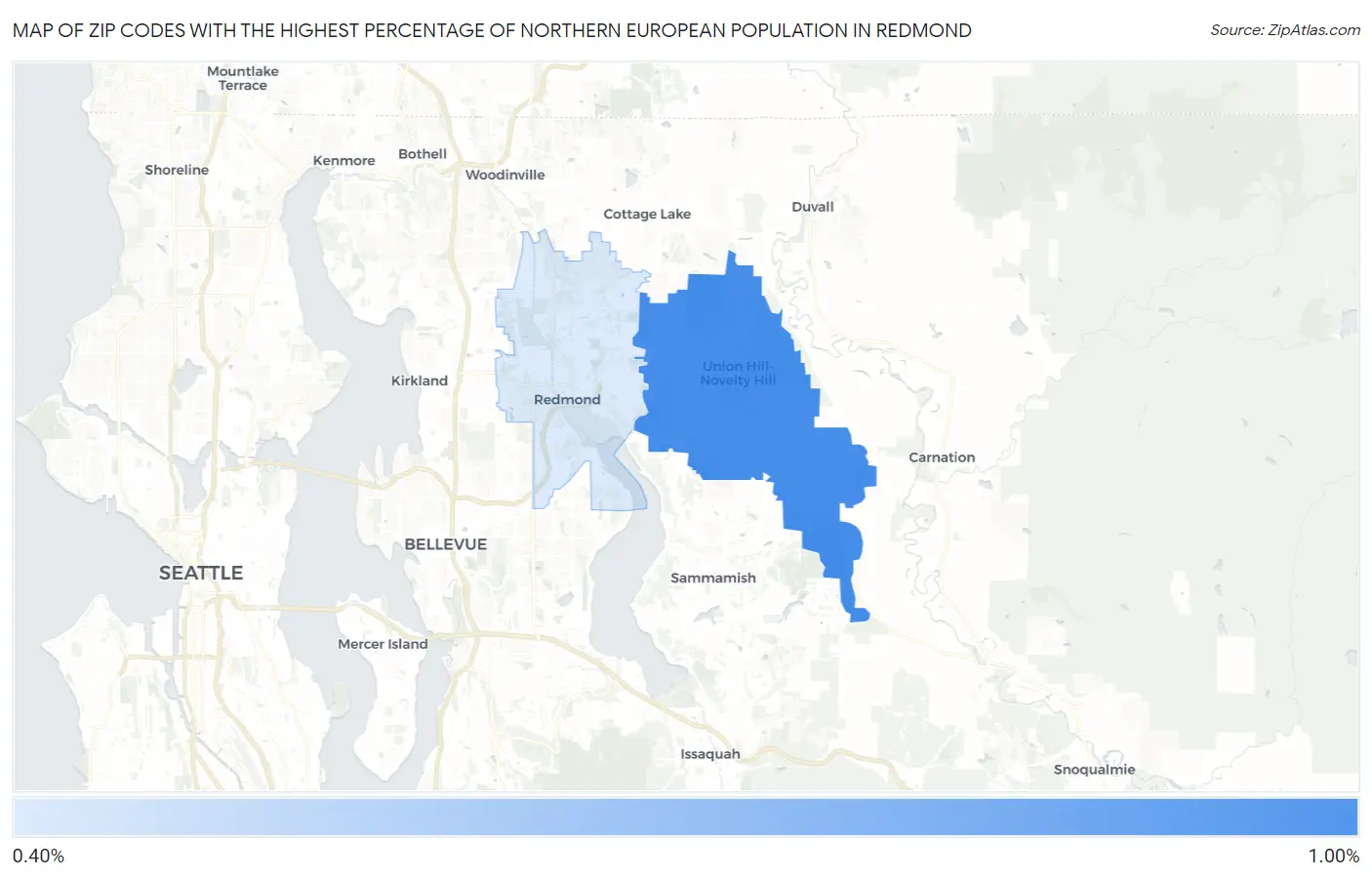 Zip Codes with the Highest Percentage of Northern European Population in Redmond Map