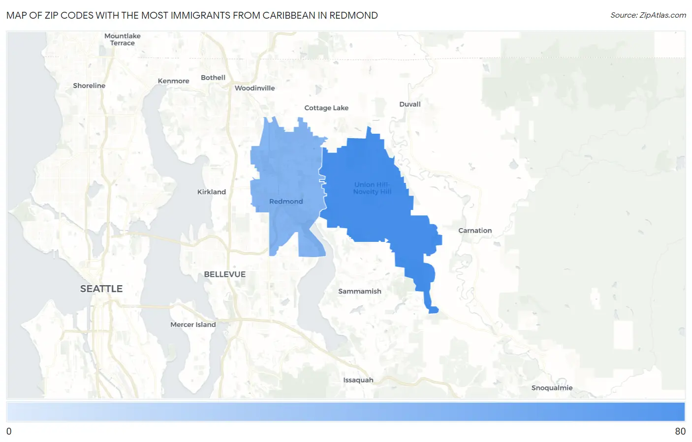 Zip Codes with the Most Immigrants from Caribbean in Redmond Map