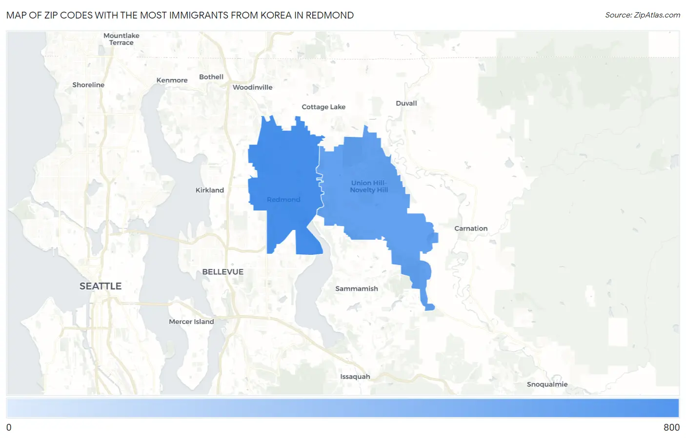 Zip Codes with the Most Immigrants from Korea in Redmond Map