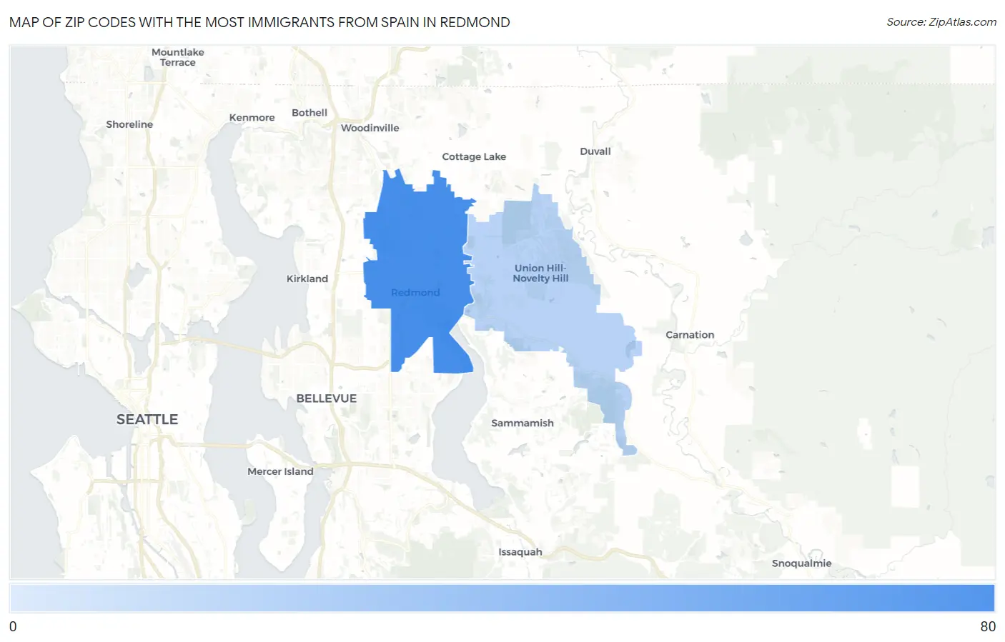 Zip Codes with the Most Immigrants from Spain in Redmond Map