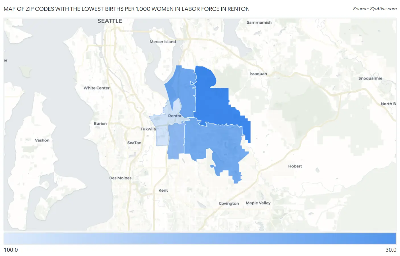 Zip Codes with the Lowest Births per 1,000 Women in Labor Force in Renton Map