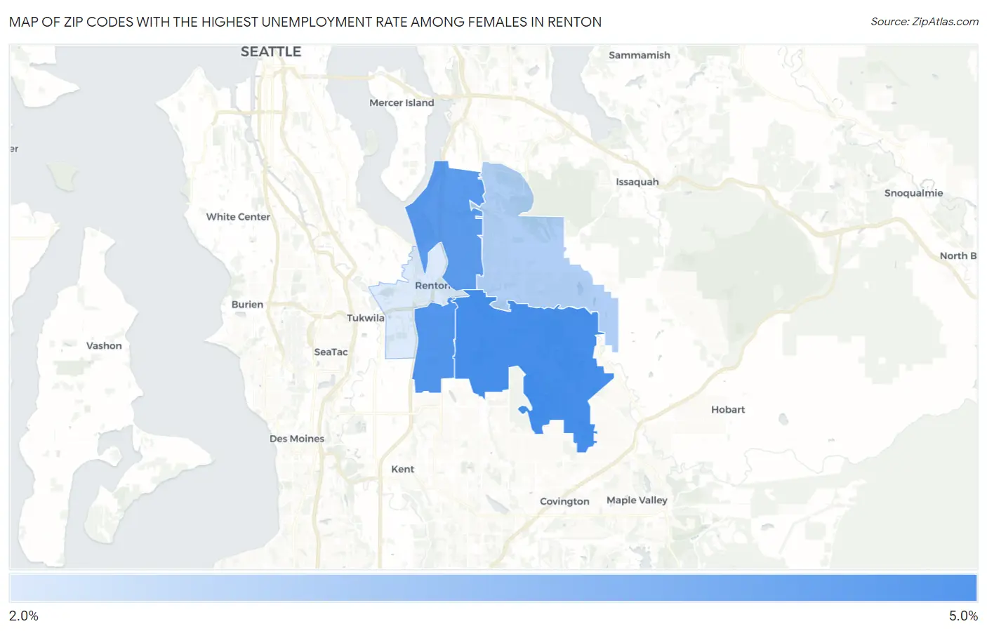 Zip Codes with the Highest Unemployment Rate Among Females in Renton Map