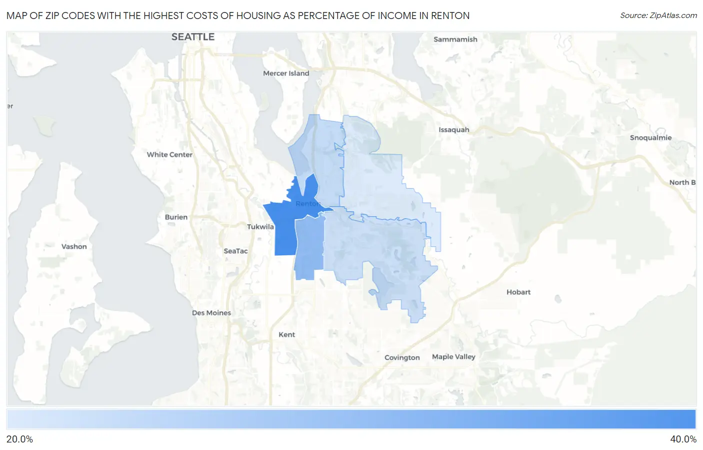 Zip Codes with the Highest Costs of Housing as Percentage of Income in Renton Map