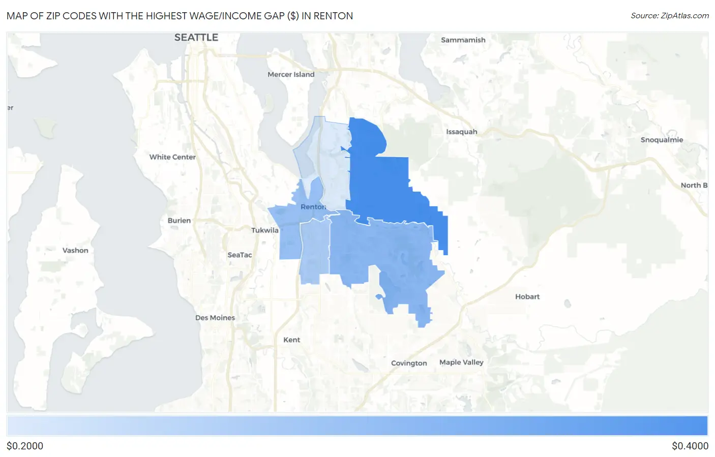 Zip Codes with the Highest Wage/Income Gap ($) in Renton Map