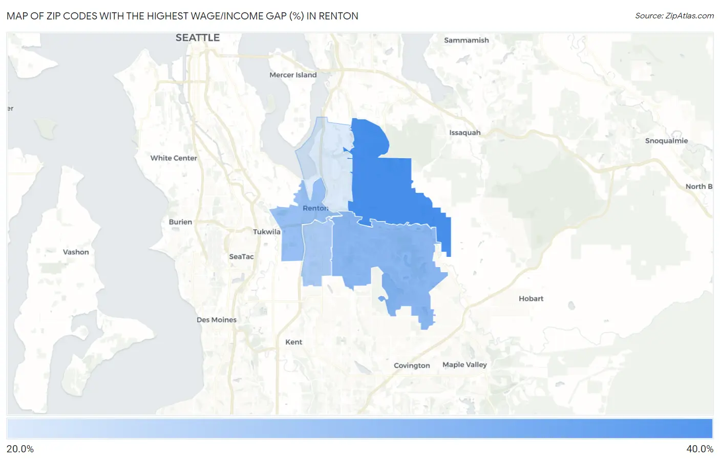 Zip Codes with the Highest Wage/Income Gap (%) in Renton Map