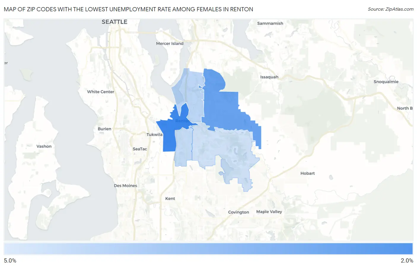 Zip Codes with the Lowest Unemployment Rate Among Females in Renton Map