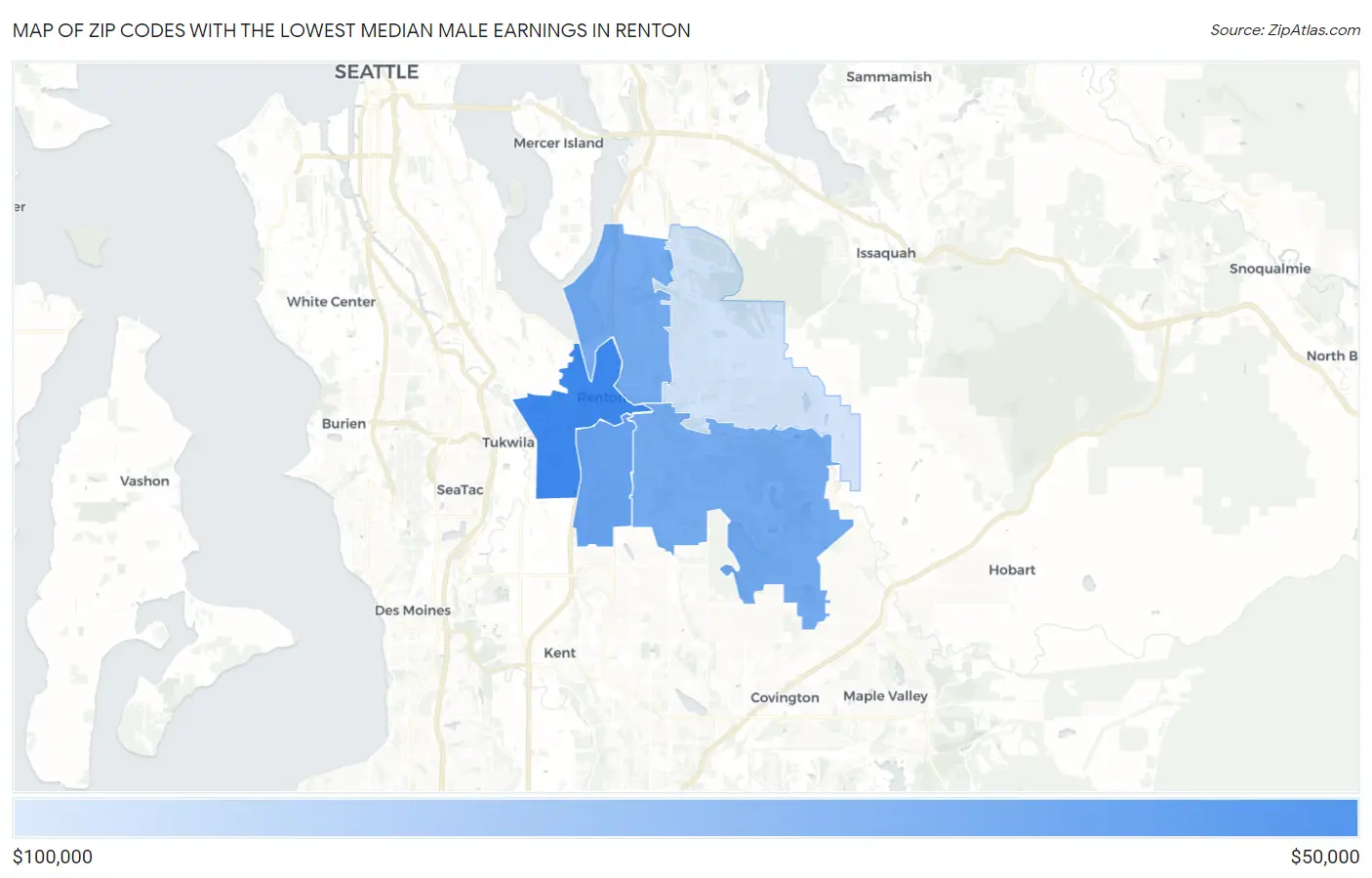 Zip Codes with the Lowest Median Male Earnings in Renton Map