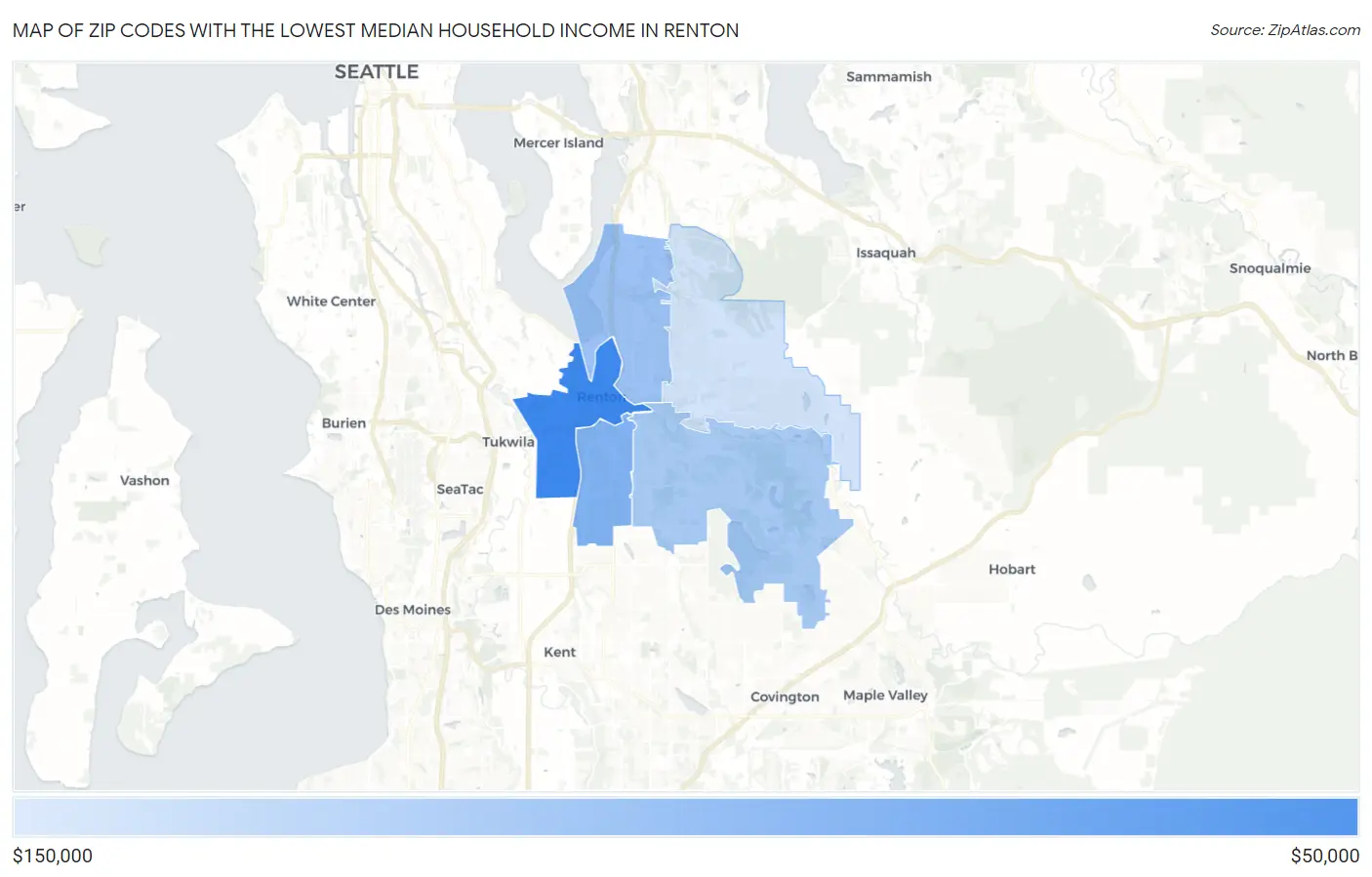 Zip Codes with the Lowest Median Household Income in Renton Map