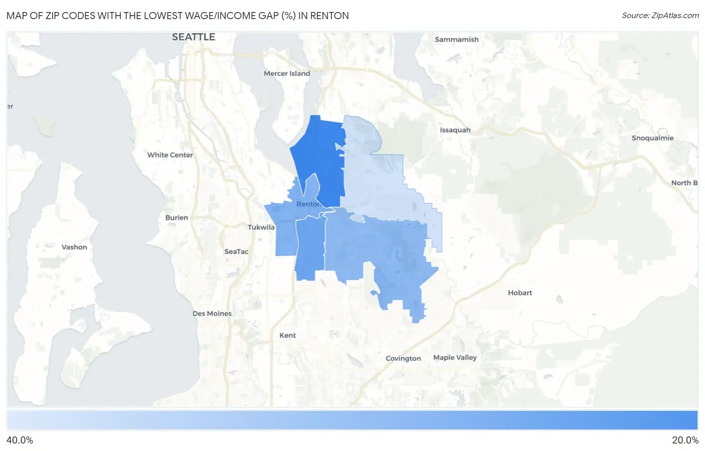 Zip Codes with the Lowest Wage/Income Gap (%) in Renton Map