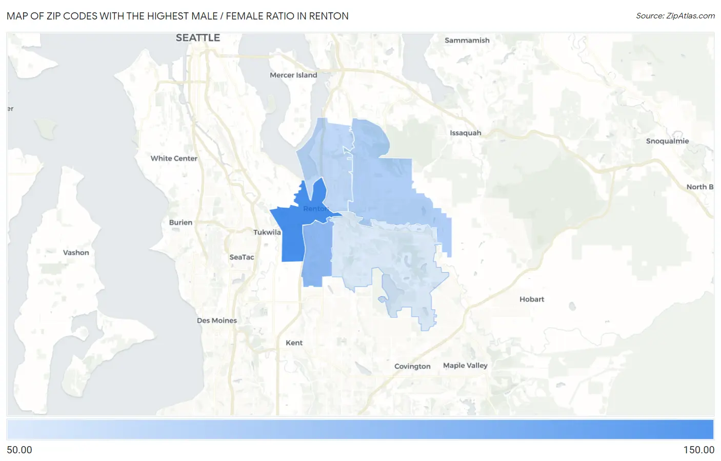 Zip Codes with the Highest Male / Female Ratio in Renton Map