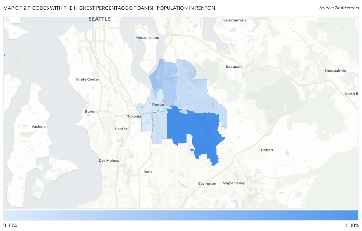 Zip Codes with the Highest Percentage of Danish Population in Renton Map