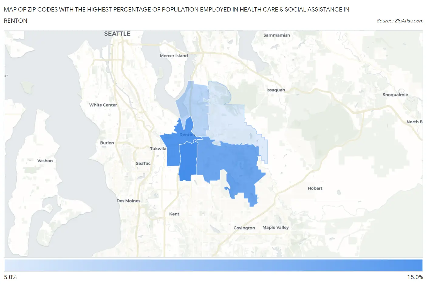 Zip Codes with the Highest Percentage of Population Employed in Health Care & Social Assistance in Renton Map