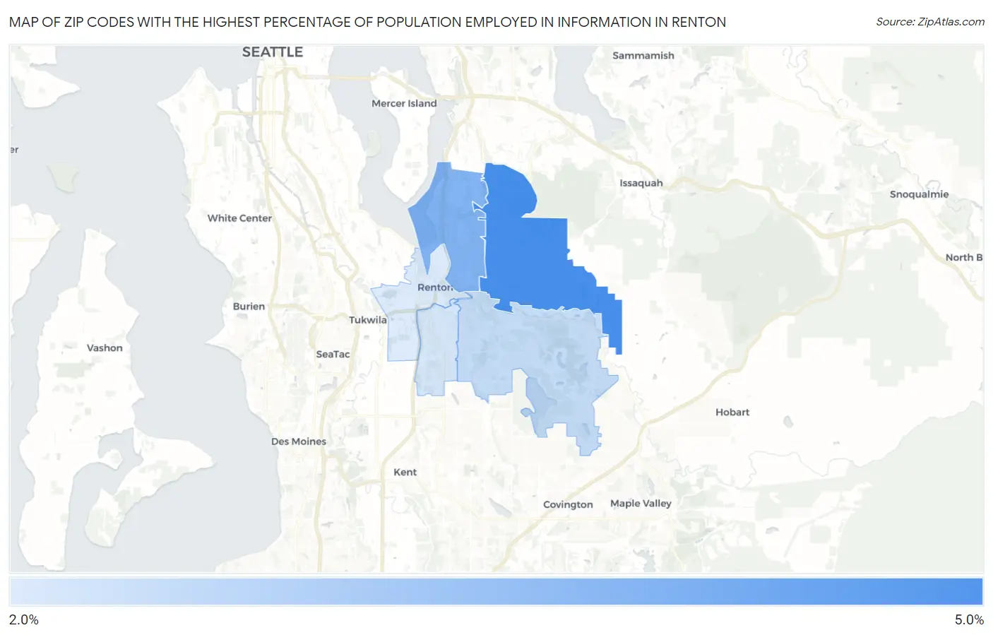 Zip Codes with the Highest Percentage of Population Employed in Information in Renton Map