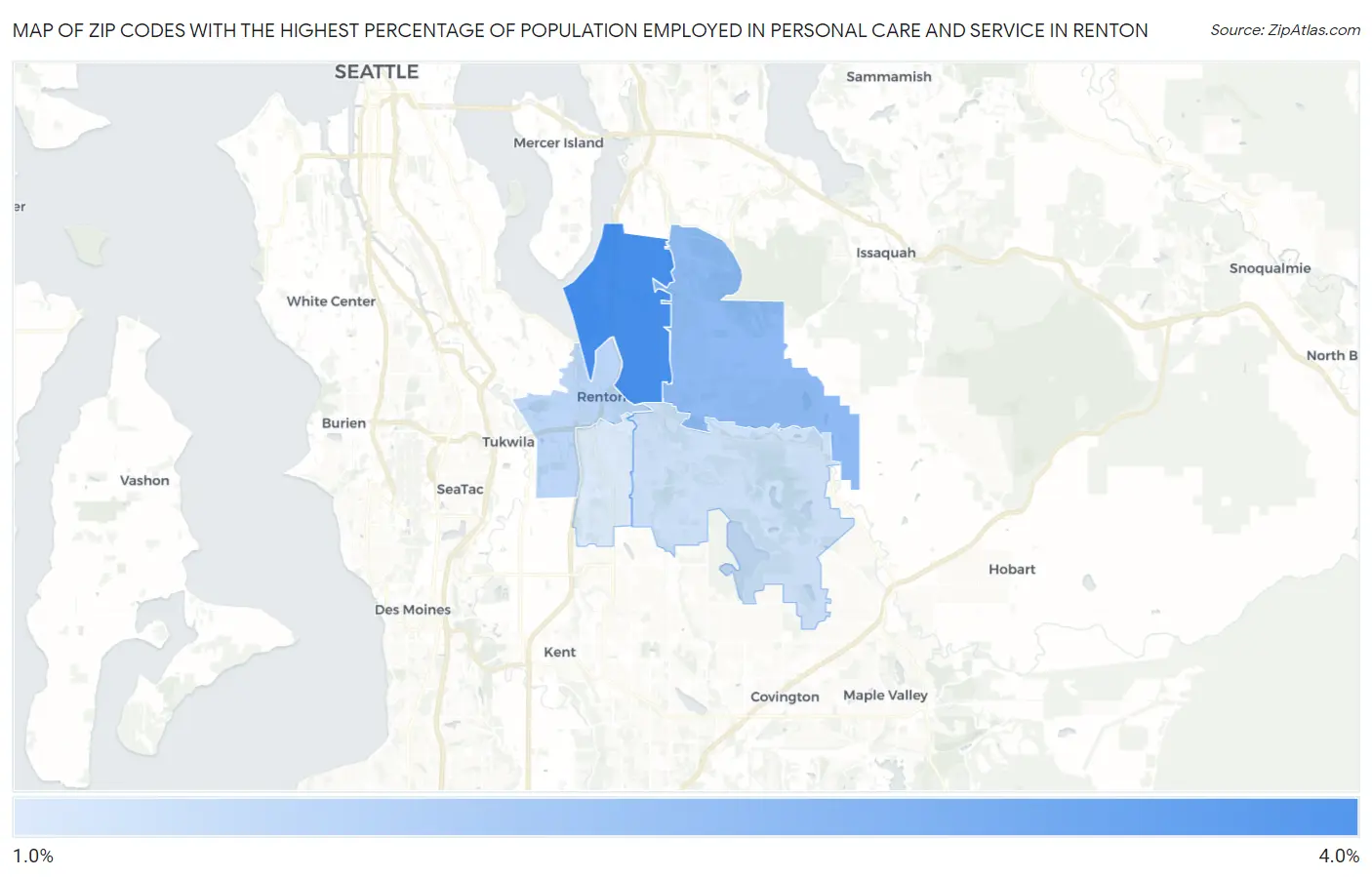 Zip Codes with the Highest Percentage of Population Employed in Personal Care and Service in Renton Map