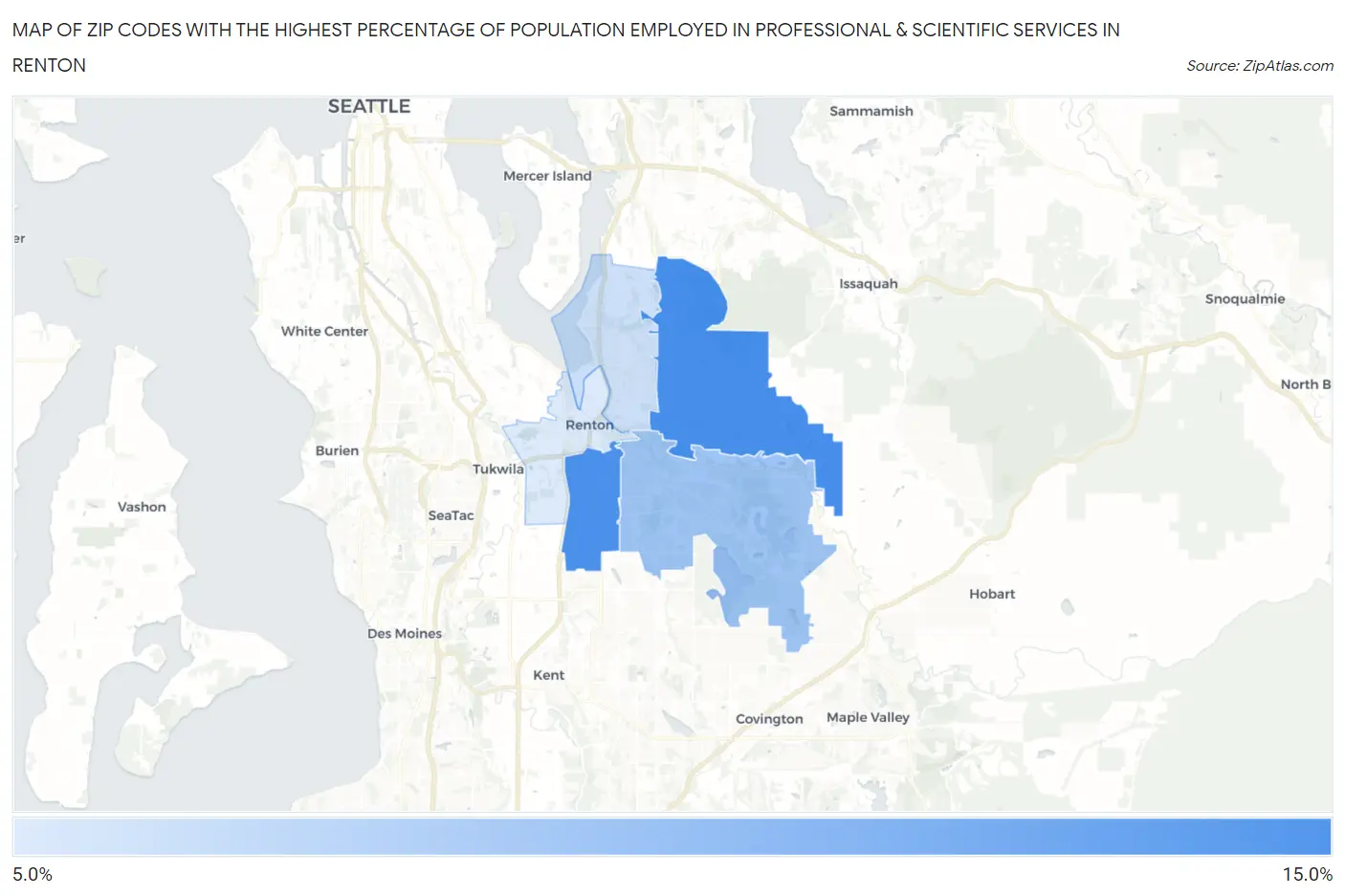 Zip Codes with the Highest Percentage of Population Employed in Professional & Scientific Services in Renton Map