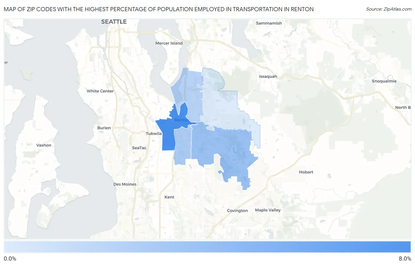 Zip Codes with the Highest Percentage of Population Employed in Transportation in Renton Map