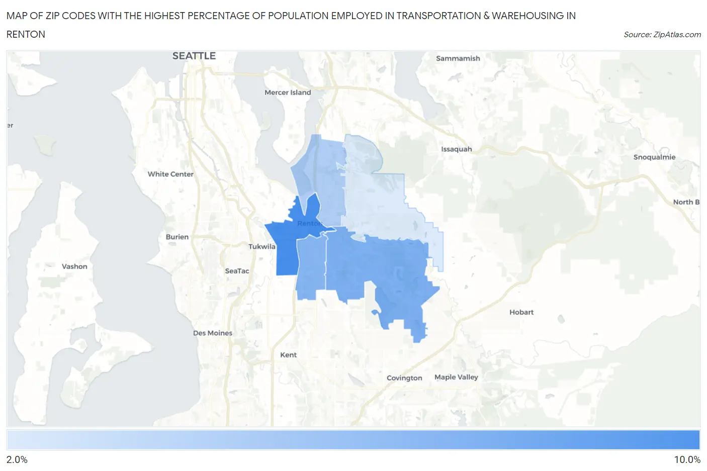 Zip Codes with the Highest Percentage of Population Employed in Transportation & Warehousing in Renton Map