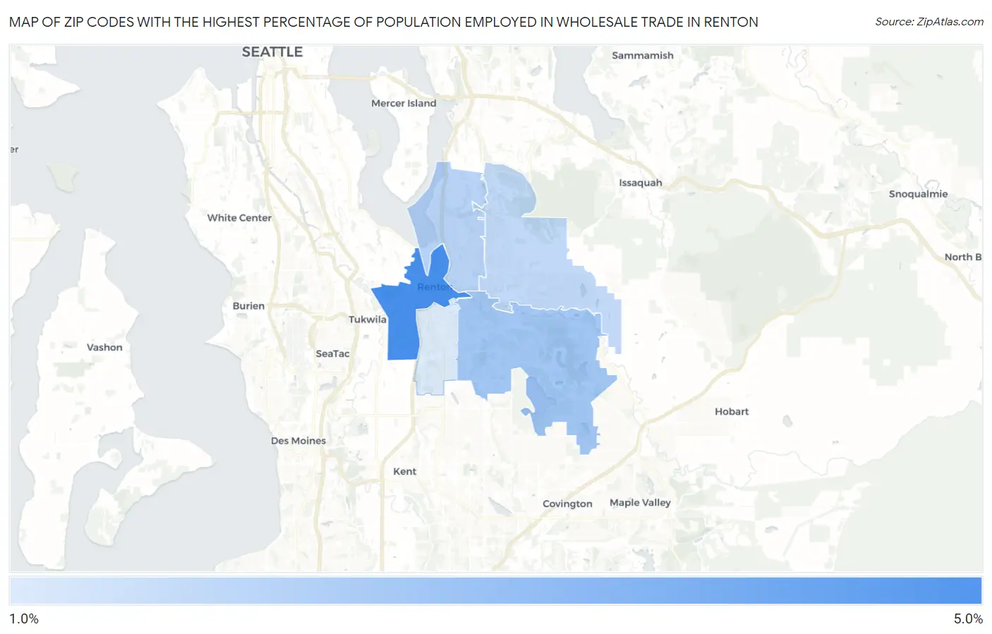 Zip Codes with the Highest Percentage of Population Employed in Wholesale Trade in Renton Map