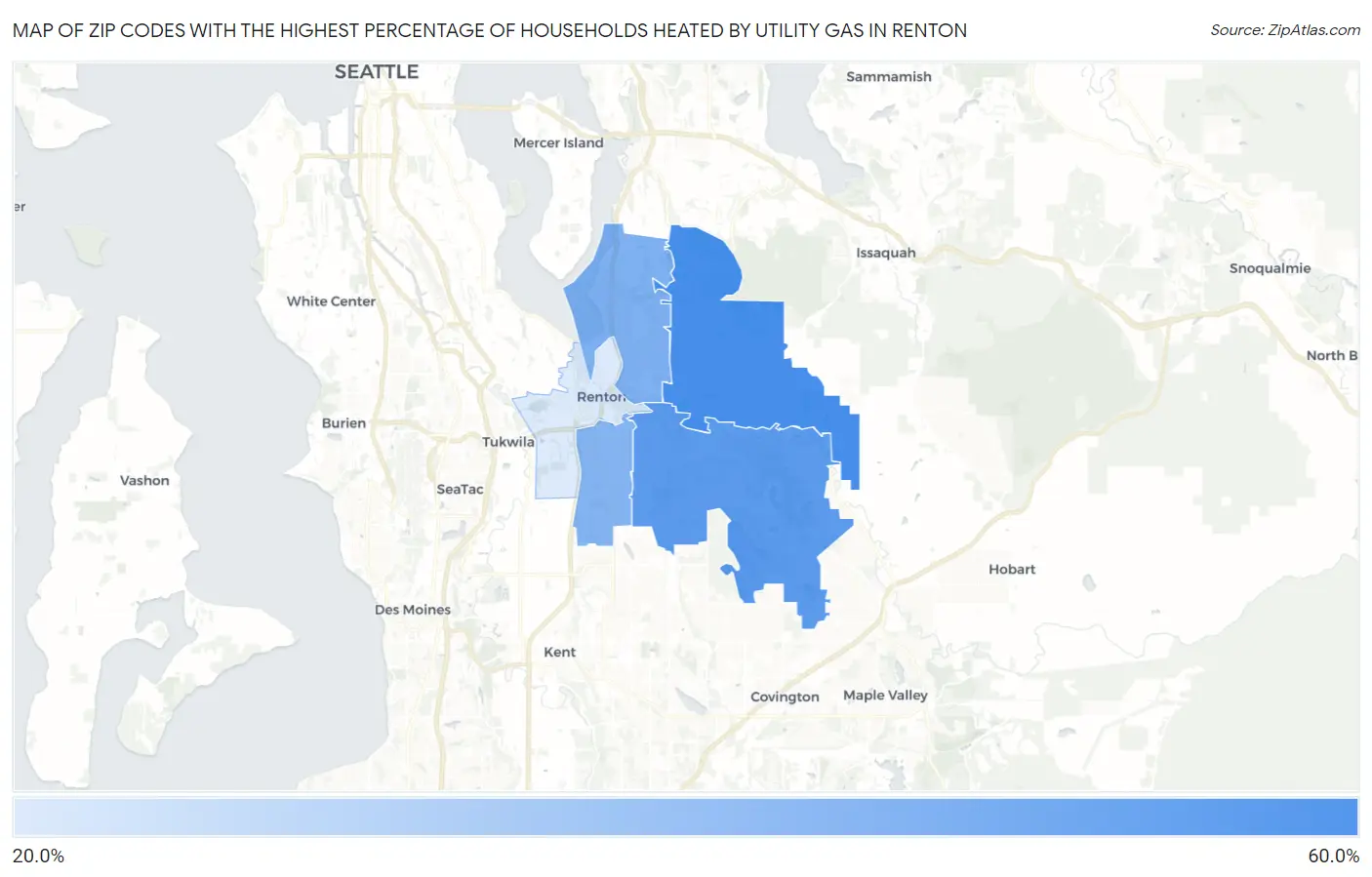 Zip Codes with the Highest Percentage of Households Heated by Utility Gas in Renton Map