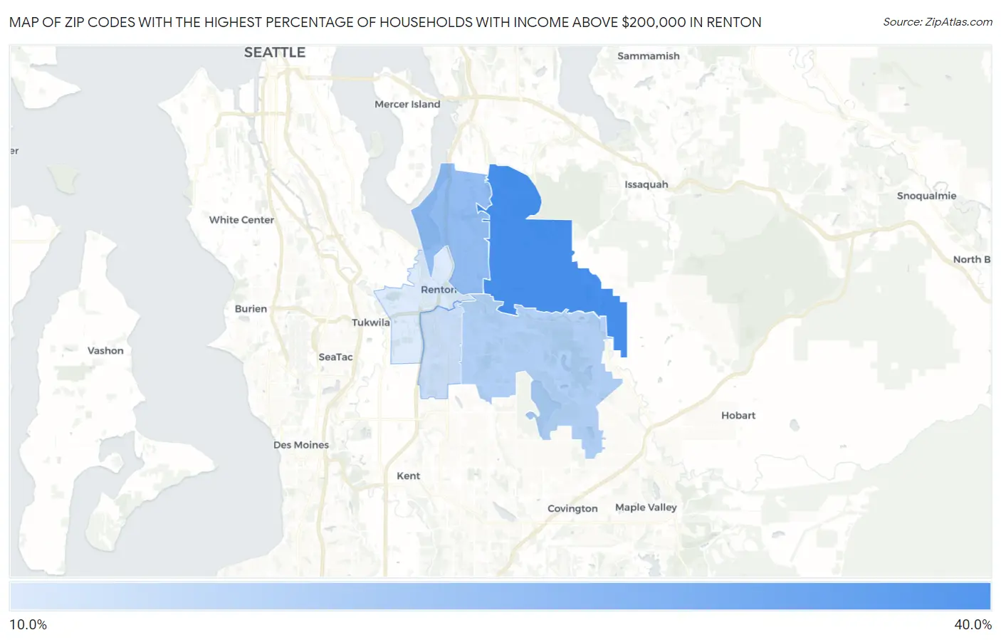 Zip Codes with the Highest Percentage of Households with Income Above $200,000 in Renton Map