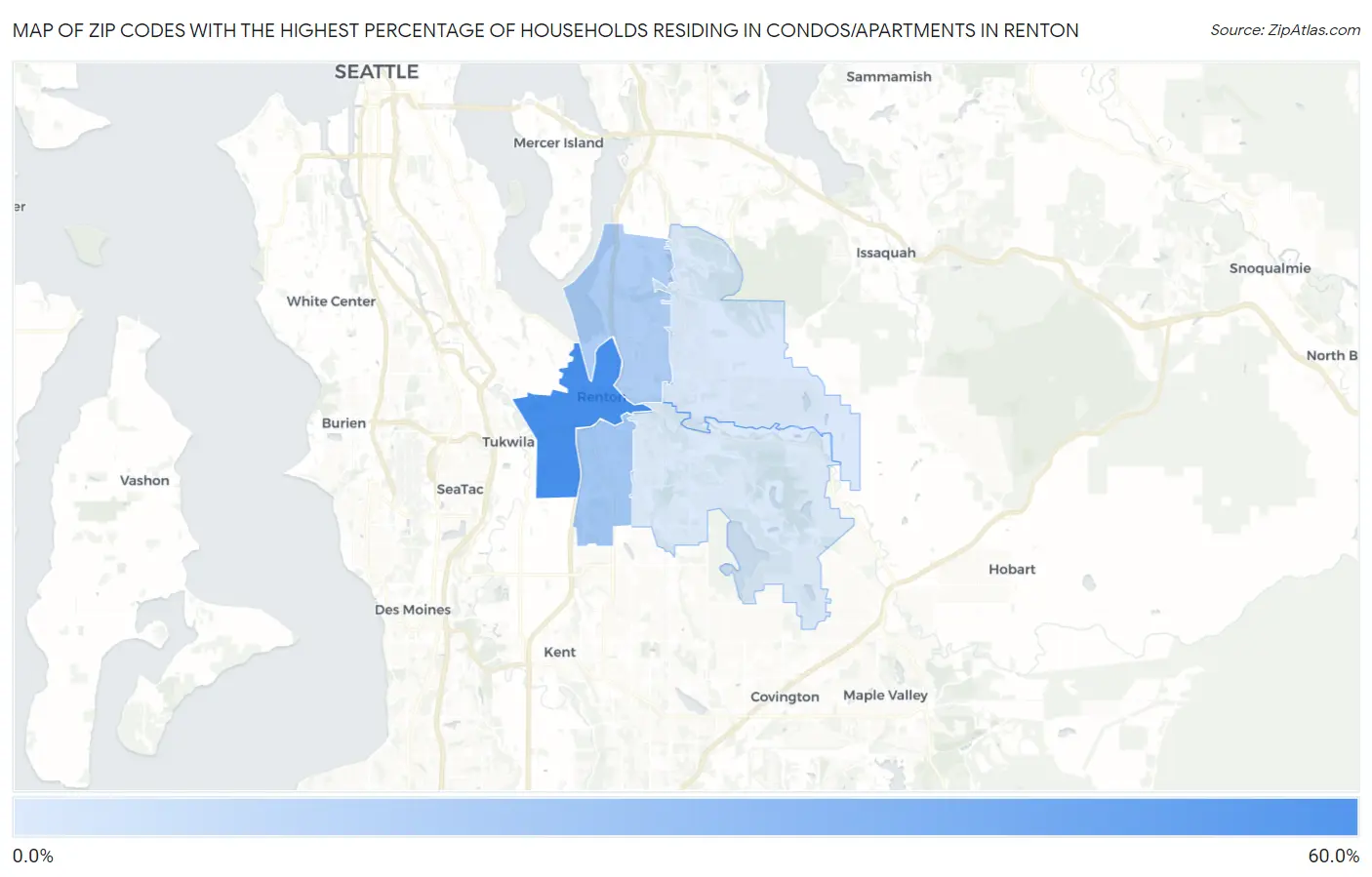 Zip Codes with the Highest Percentage of Households Residing in Condos/Apartments in Renton Map