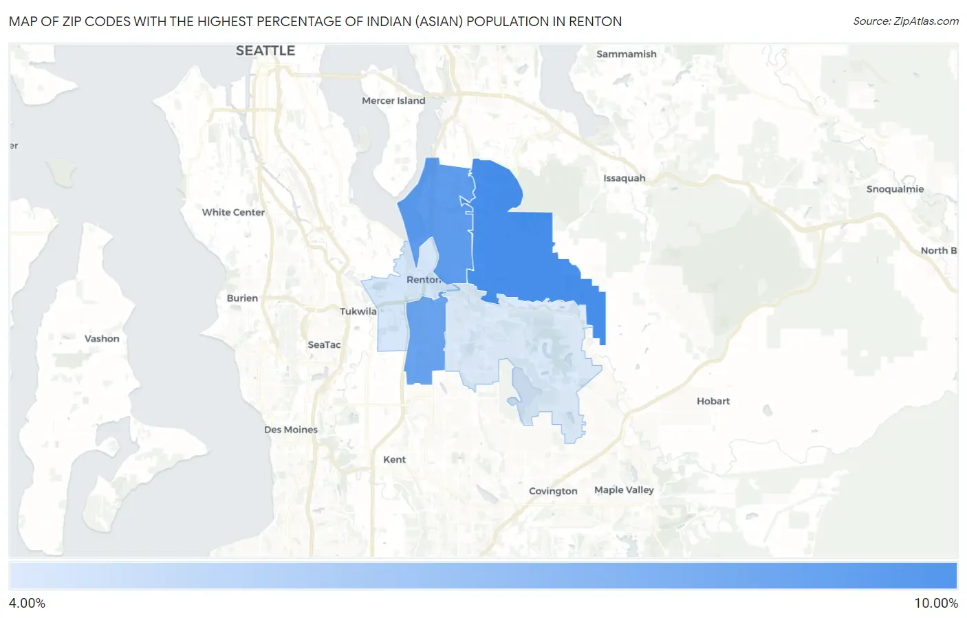 Zip Codes with the Highest Percentage of Indian (Asian) Population in Renton Map