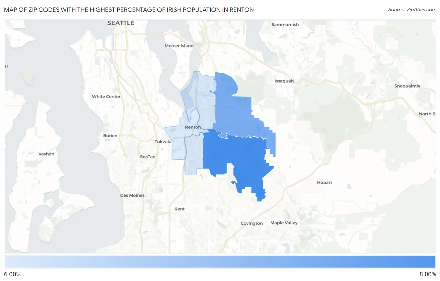 Zip Codes with the Highest Percentage of Irish Population in Renton Map