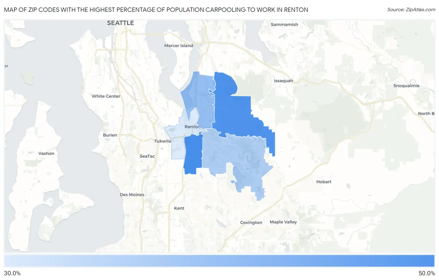 Zip Codes with the Highest Percentage of Population Carpooling to Work in Renton Map