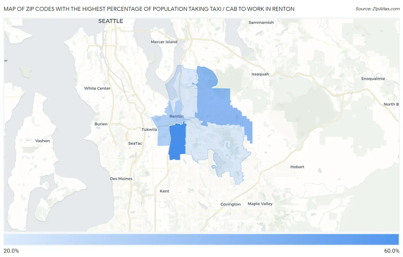 Zip Codes with the Highest Percentage of Population Taking Taxi / Cab to Work in Renton Map