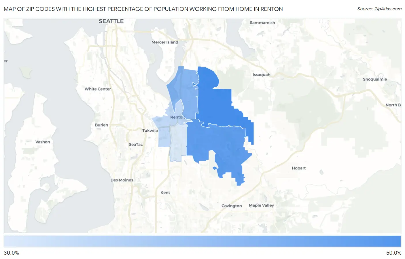 Zip Codes with the Highest Percentage of Population Working from Home in Renton Map