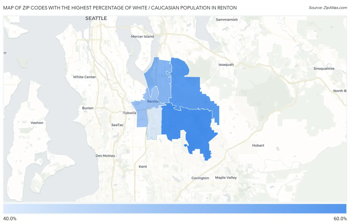 Zip Codes with the Highest Percentage of White / Caucasian Population in Renton Map
