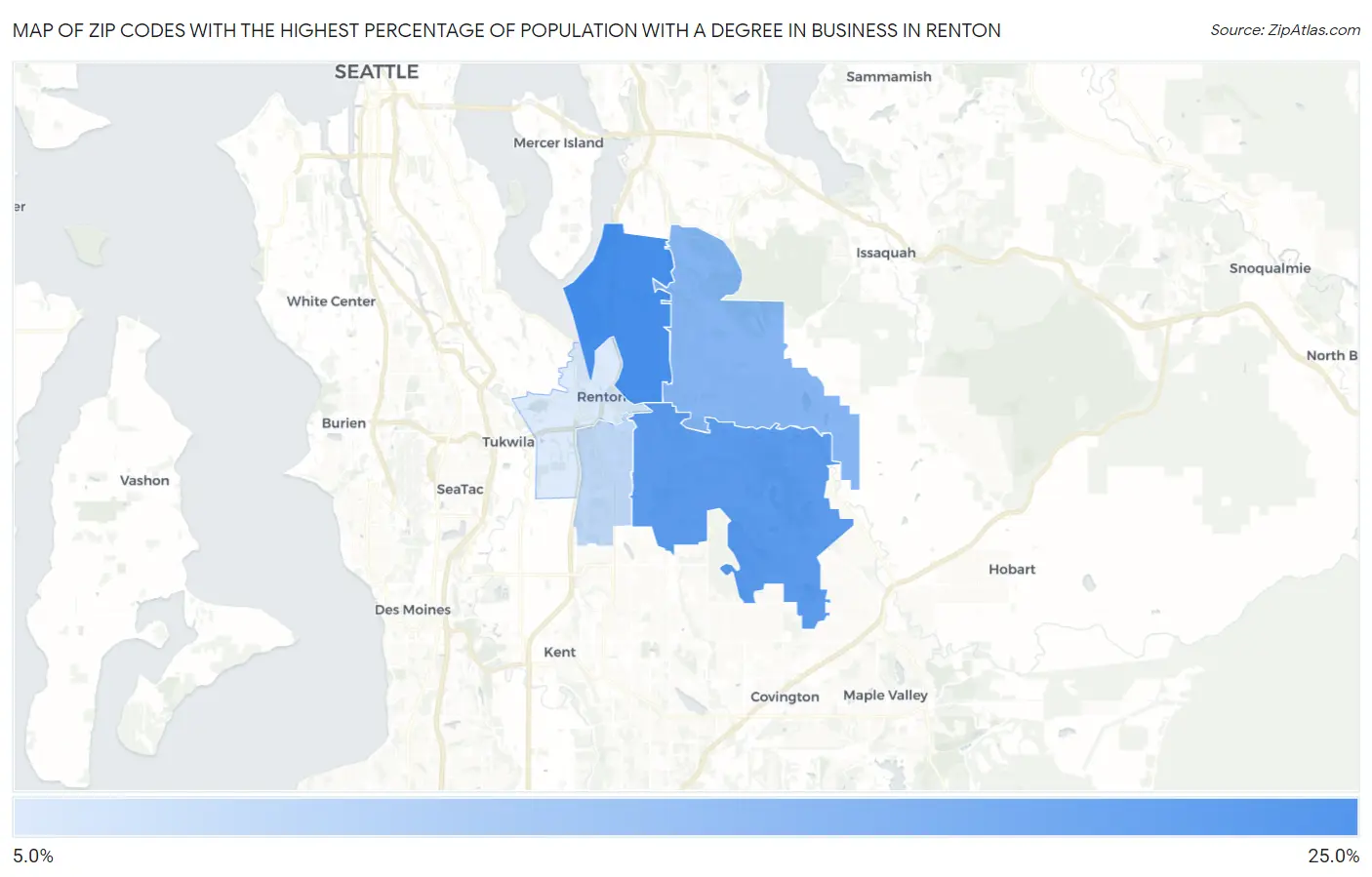Zip Codes with the Highest Percentage of Population with a Degree in Business in Renton Map